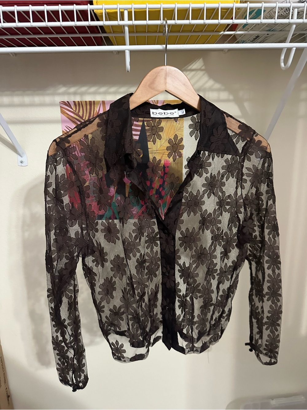 BEBE sheer floral lace top